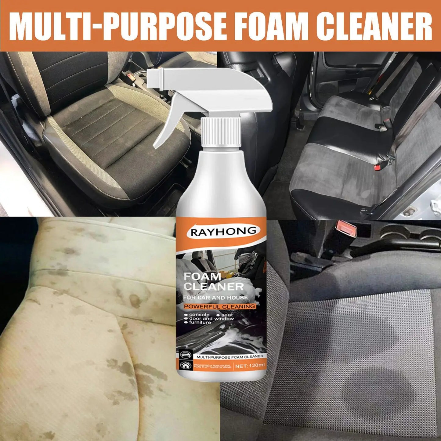 Rayhong 120ml Car Foam Cleaner Leather Decontamination Car Interior Clean Wash Maintenance Polishing Stain Removal Car Cleaner