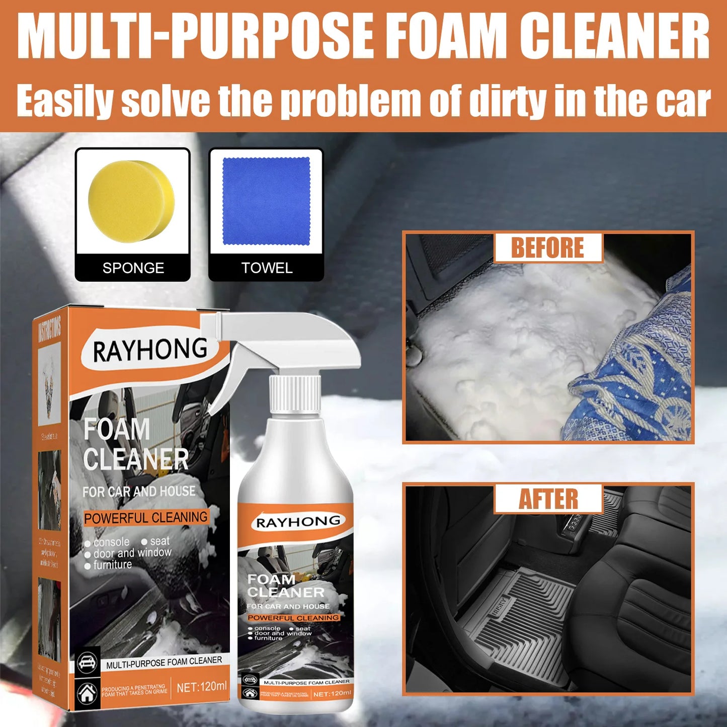 Rayhong 120ml Car Foam Cleaner Leather Decontamination Car Interior Clean Wash Maintenance Polishing Stain Removal Car Cleaner