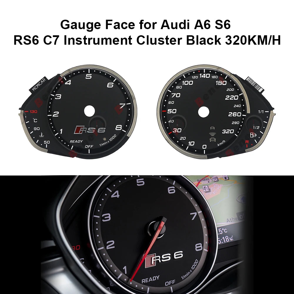 Gauge Face Overlay for Audi A6 S6 RS6 C7 Instrument Cluster Black 320KM/H (2012-2017)