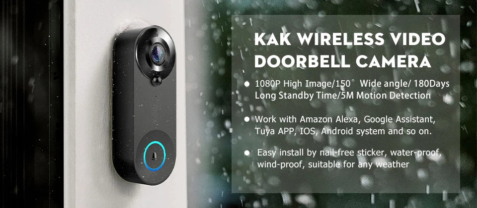 KAK Wireless WiFi Video Doorbell Camera Smart Door Viewer Peephole 1080P HD PIR Motion Detection Night Vision Visual Intercom