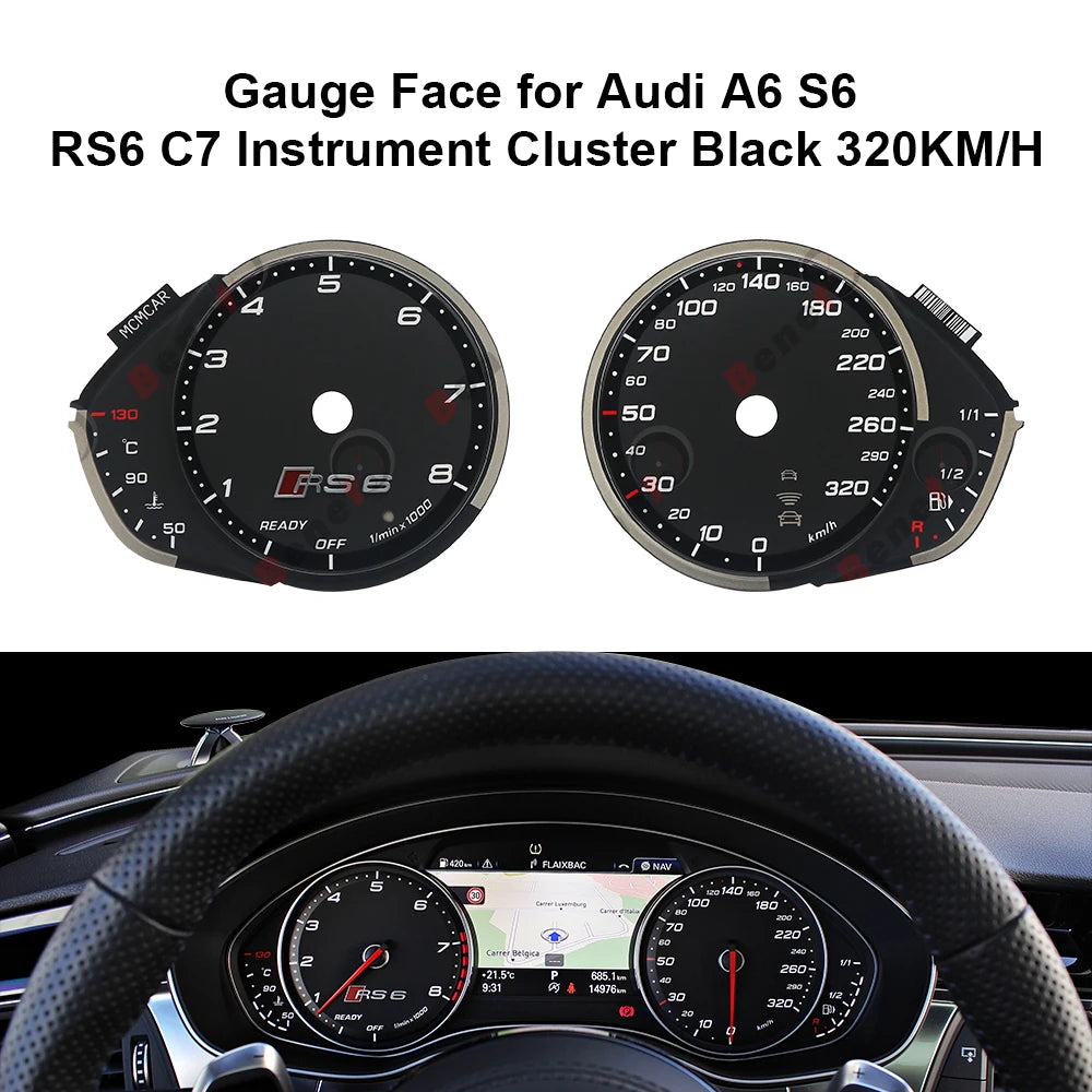 Gauge Face Overlay for Audi A6 S6 RS6 C7 Instrument Cluster Black 320KM/H (2012-2017)