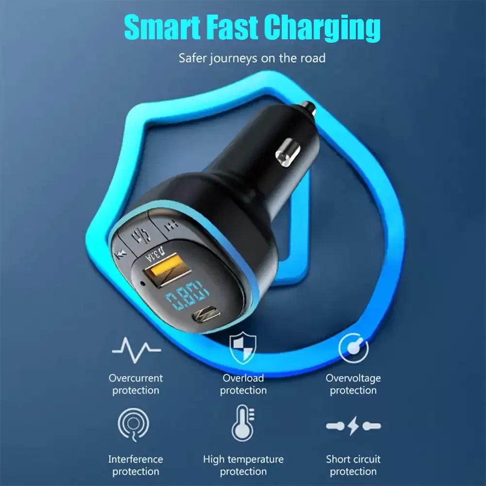 Bluetooth 5.0 Car Charger Fast Charging USB Type C Car Phone Charger FM Transmitter Handsfree Cigarette Lighter MP3 Music Player