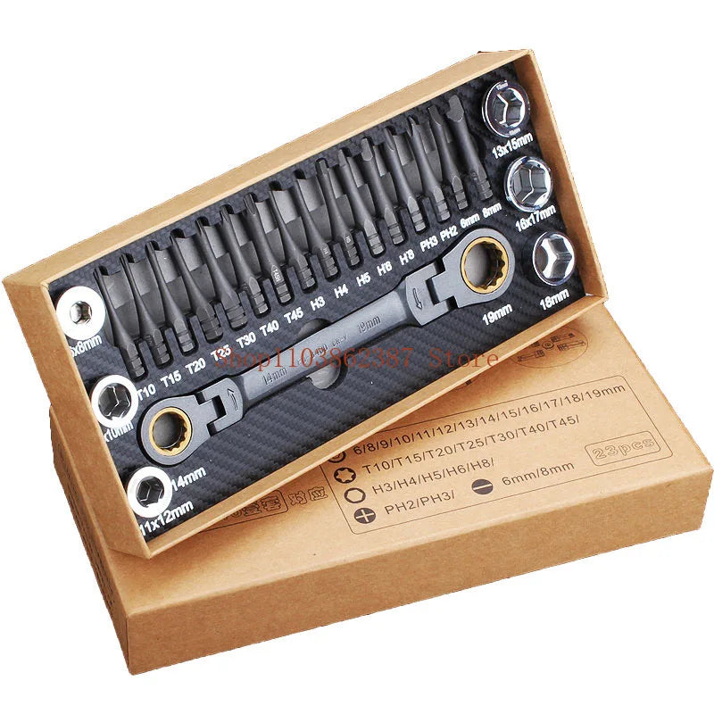 23pcs Multifunctional Ratchet Spanner Set Flexible Head  Double Box Wrench Socket Screwdriver Bits Auto Repairing Tool