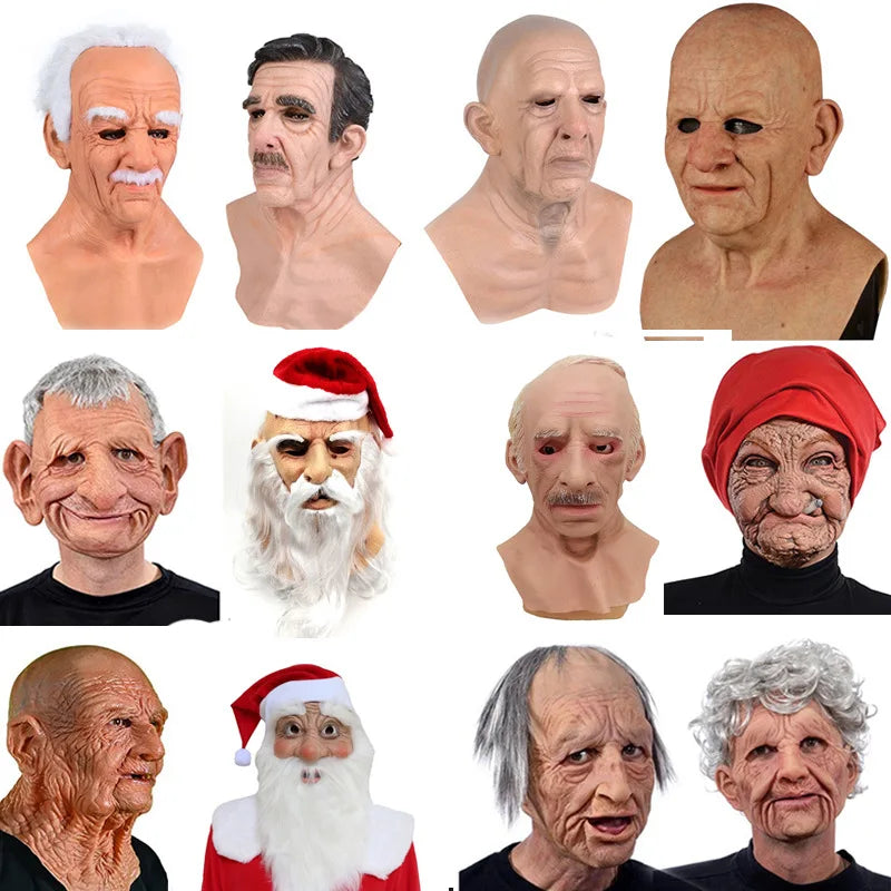 Halloween Smoking Granny Mask White Beard Santa Claus Headgear Bald Old Man Mask Latex Masquerade Mask