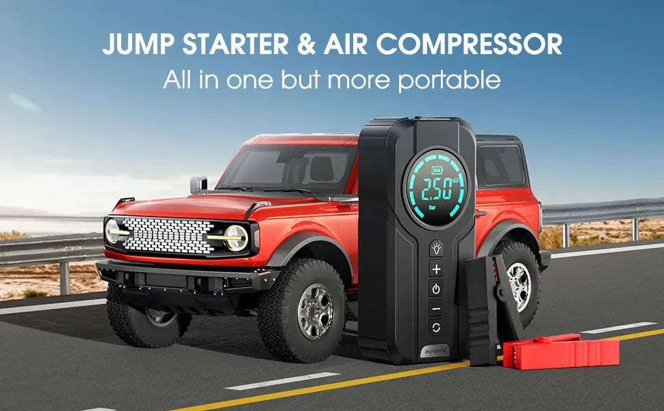 BUVAYE Car Multi-function Air Compressor Jump Starter Air Pump Convenient Tire Inflator Portable Battery Starter With EVA Bag