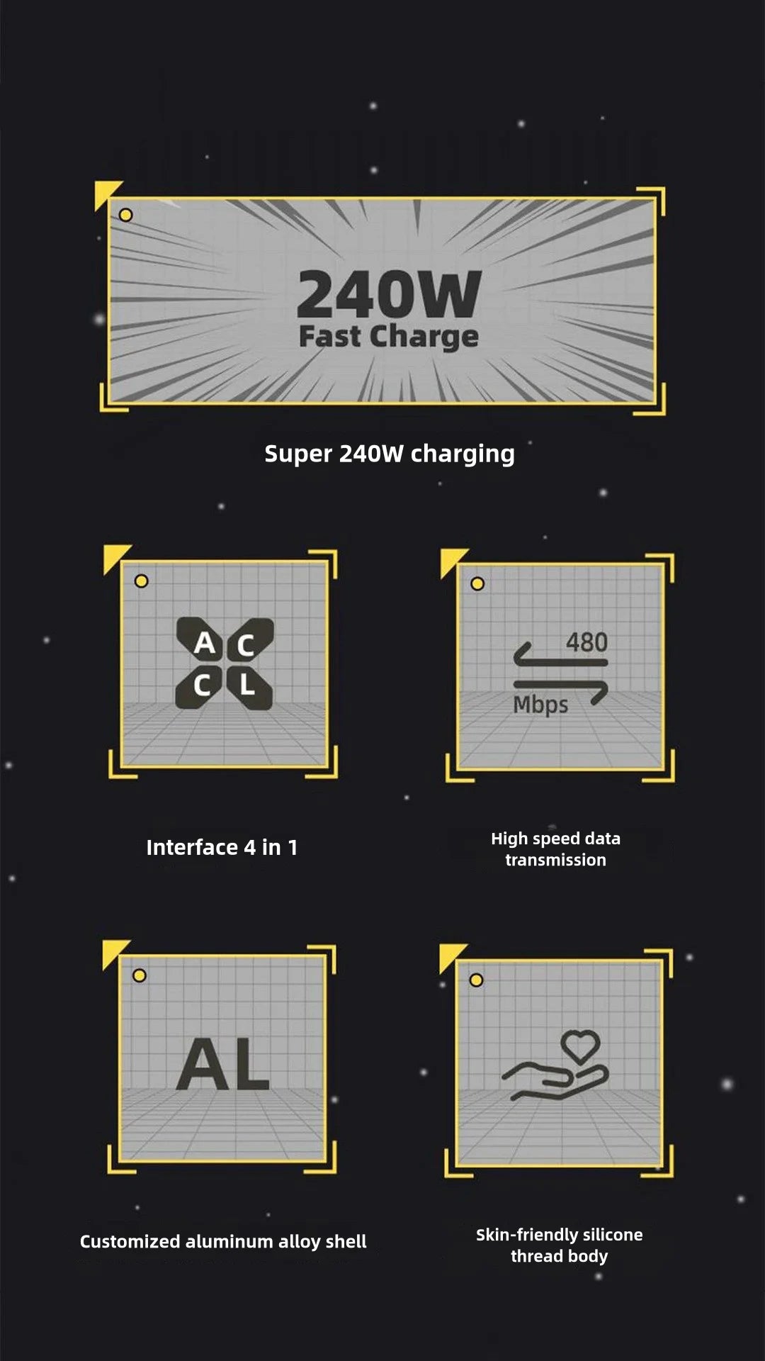 240W 4-in-1 Super Fast Charging Data Cable Type-C To Type-C Zinc Alloy Cable For iPhone15 Samsung Huawei Xiaomi