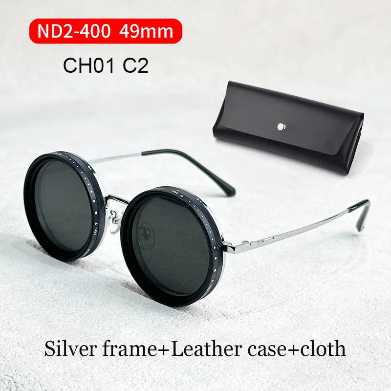 Pure Handmade ND9 Adjustable Dimming Sunglasses Retro Punk Round Men Outdoor Filter UV400 Polarized Driving Sun Glasses