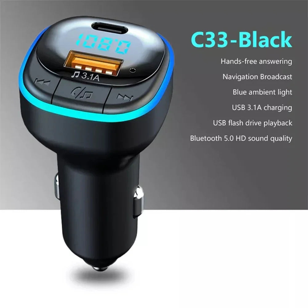 Bluetooth 5.0 Car Charger Fast Charging USB Type C Car Phone Charger FM Transmitter Handsfree Cigarette Lighter MP3 Music Player