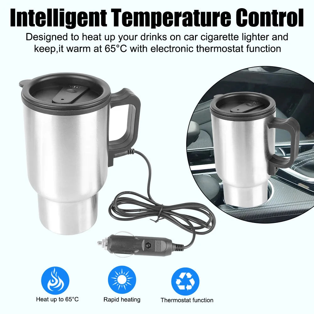 Electric Heating Car Kettle Vehicle Heating Cup 12V 450ml Stainless Steel Camping Travel Kettle Water Coffee Milk Thermal Mug