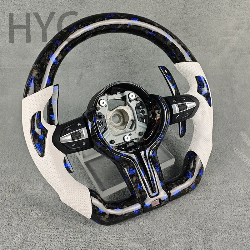 For BMW F10 F30 F20 F21 F16 F18 M5 M8 M1 M3 Blue Fragment Forged Carbon Fiber White Perforated Leather Steering Wheel