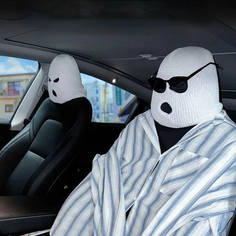 2pcs Car Seat Headrest Cover Mask Person Knitted Headgear Headrest Cover Decoration Car Anti-theft Warning Universal Decoration