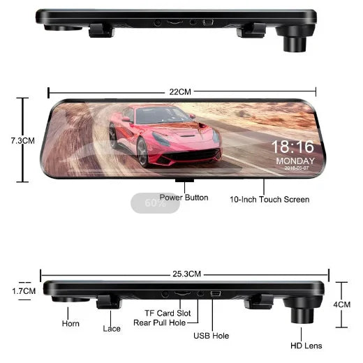 10 Inch Mirror Camera for Car Touch Screen Video Recorder Rearview Mirror Dash Cam Front and Rear Camera Mirror DVR Black Box