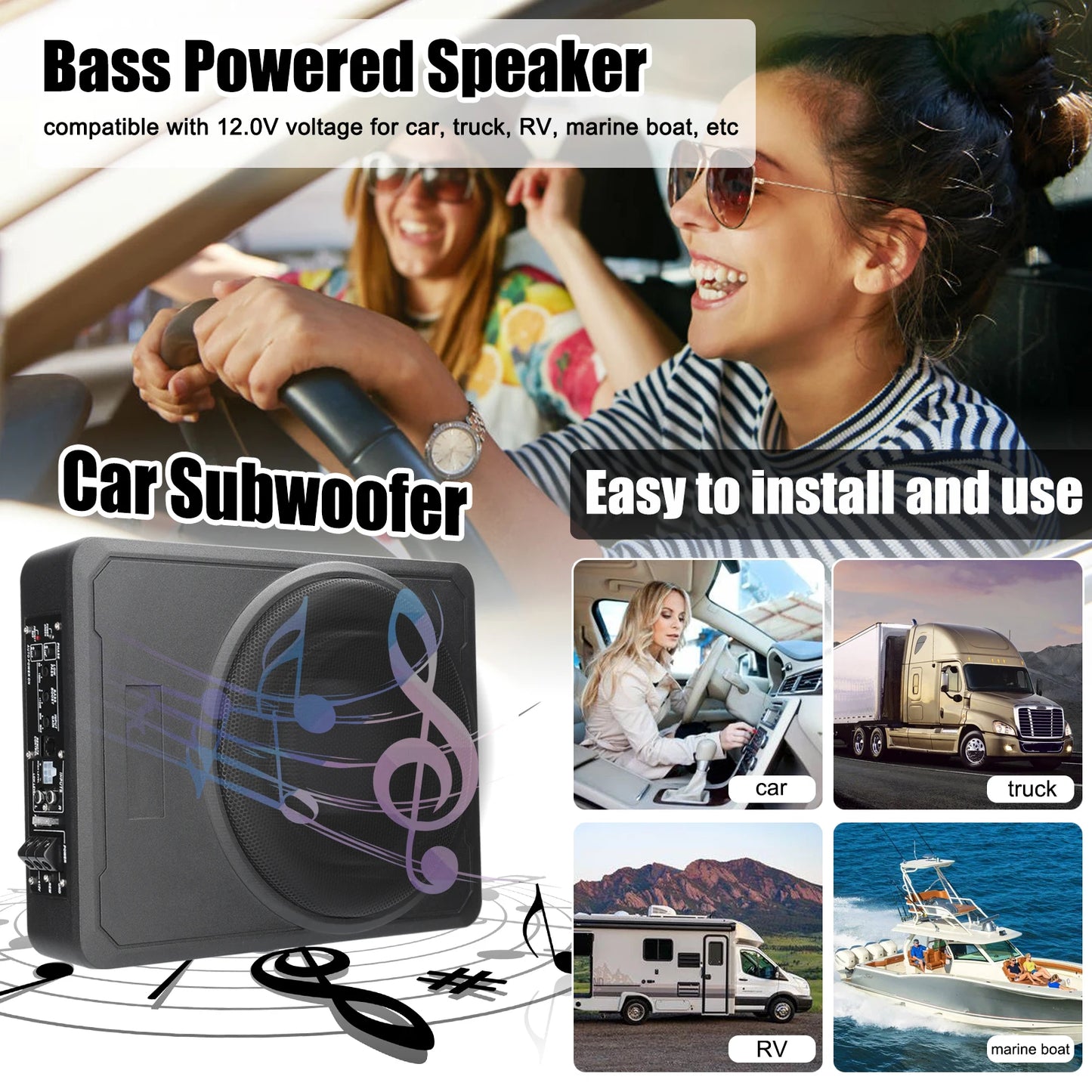 10 Inch 600W Car Subwoofer High Power Pure Bass Under-Seat Power Amplifiers Speaker 12 V for Car Truck RV