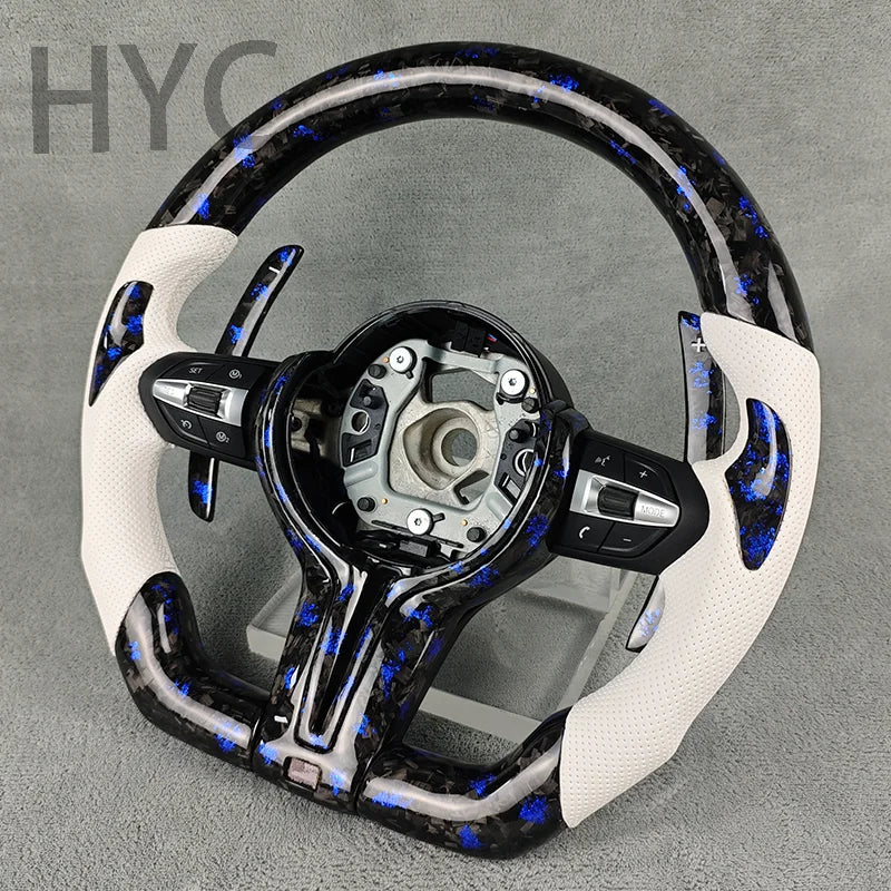 For BMW F10 F30 F20 F21 F16 F18 M5 M8 M1 M3 Blue Fragment Forged Carbon Fiber White Perforated Leather Steering Wheel