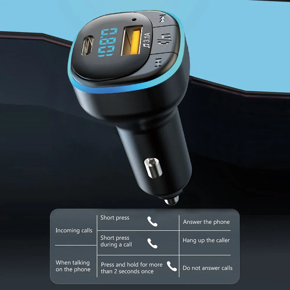 Bluetooth 5.0 Car Charger Fast Charging USB Type C Car Phone Charger FM Transmitter Handsfree Cigarette Lighter MP3 Music Player