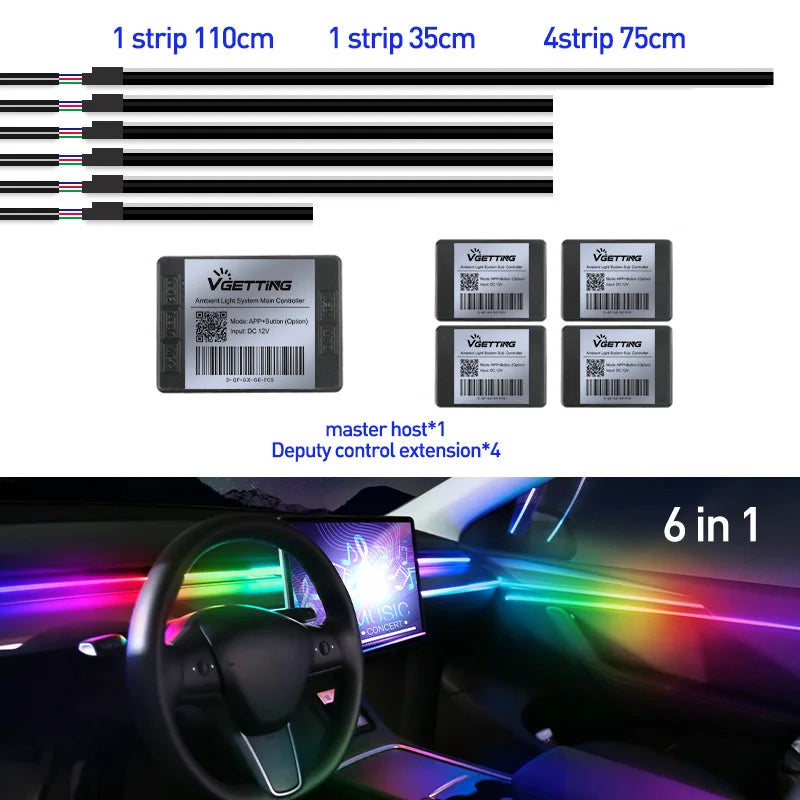 18 In 1 Full Color Streamer Car Ambient Lights RGB 64 Color Universal LED Interior Hidden Acrylic Strip Symphony Atmosphere Lamp