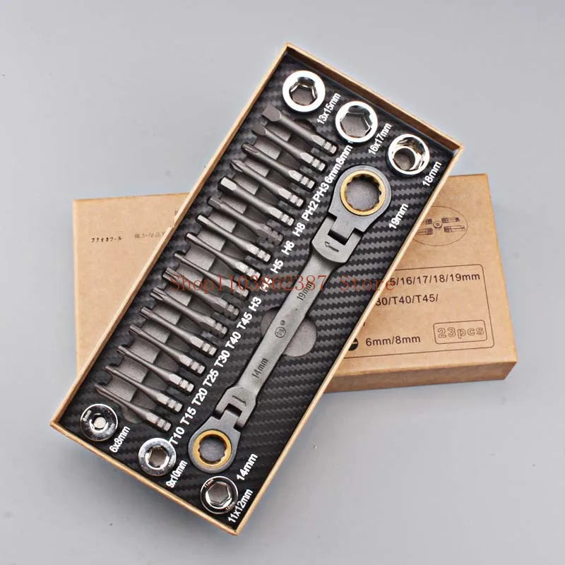 23pcs Multifunctional Ratchet Spanner Set Flexible Head  Double Box Wrench Socket Screwdriver Bits Auto Repairing Tool