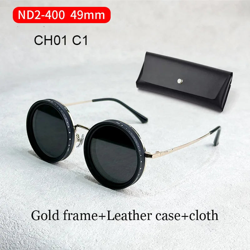 Pure Handmade ND9 Adjustable Dimming Sunglasses Retro Punk Round Men Outdoor Filter UV400 Polarized Driving Sun Glasses