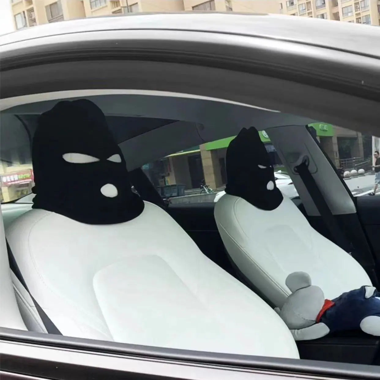 2pcs Car Seat Headrest Cover Mask Person Knitted Headgear Headrest Cover Decoration Car Anti-theft Warning Universal Decoration