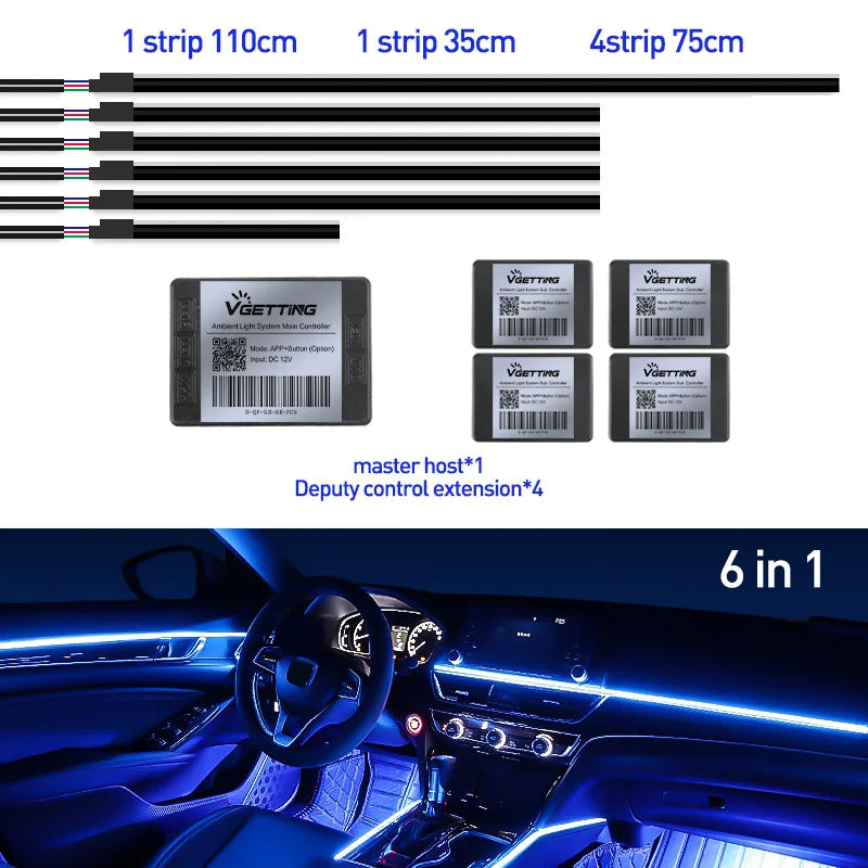 18 In 1 Full Color Streamer Car Ambient Lights RGB 64 Color Universal LED Interior Hidden Acrylic Strip Symphony Atmosphere Lamp