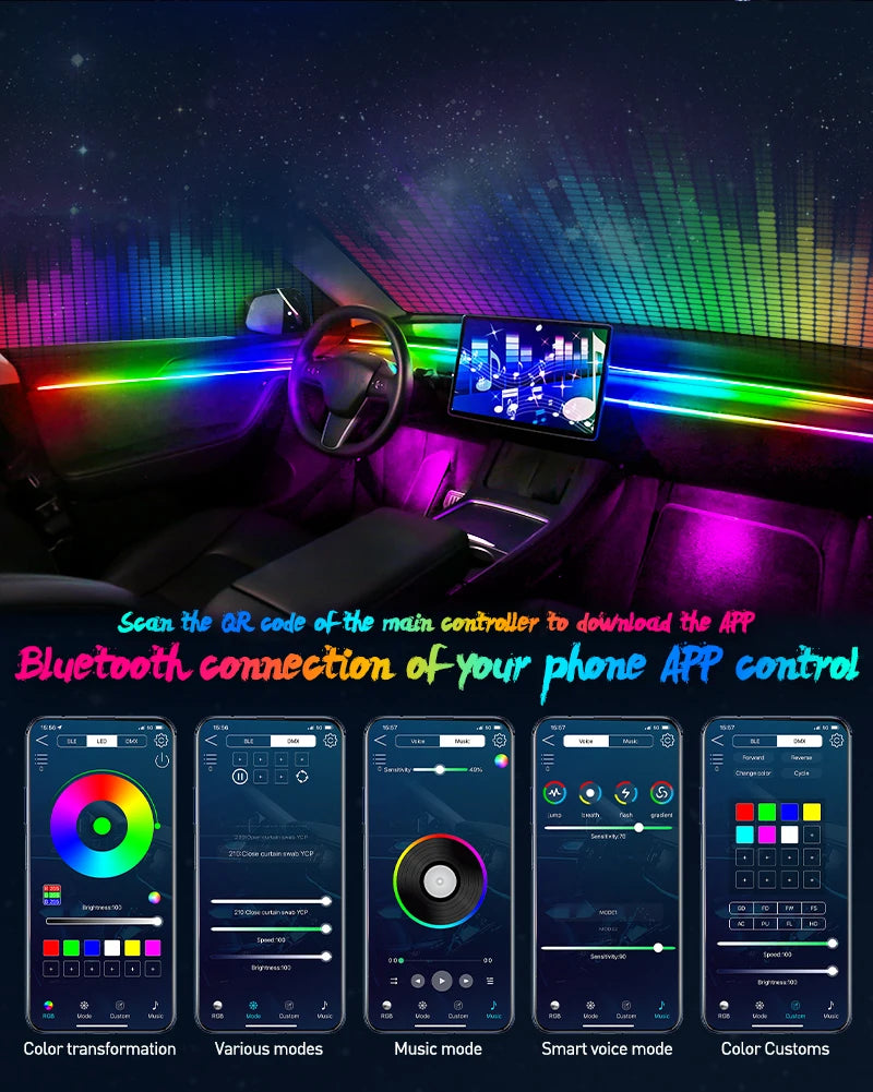 18 In 1 Full Color Streamer Car Ambient Lights RGB 64 Color Universal LED Interior Hidden Acrylic Strip Symphony Atmosphere Lamp