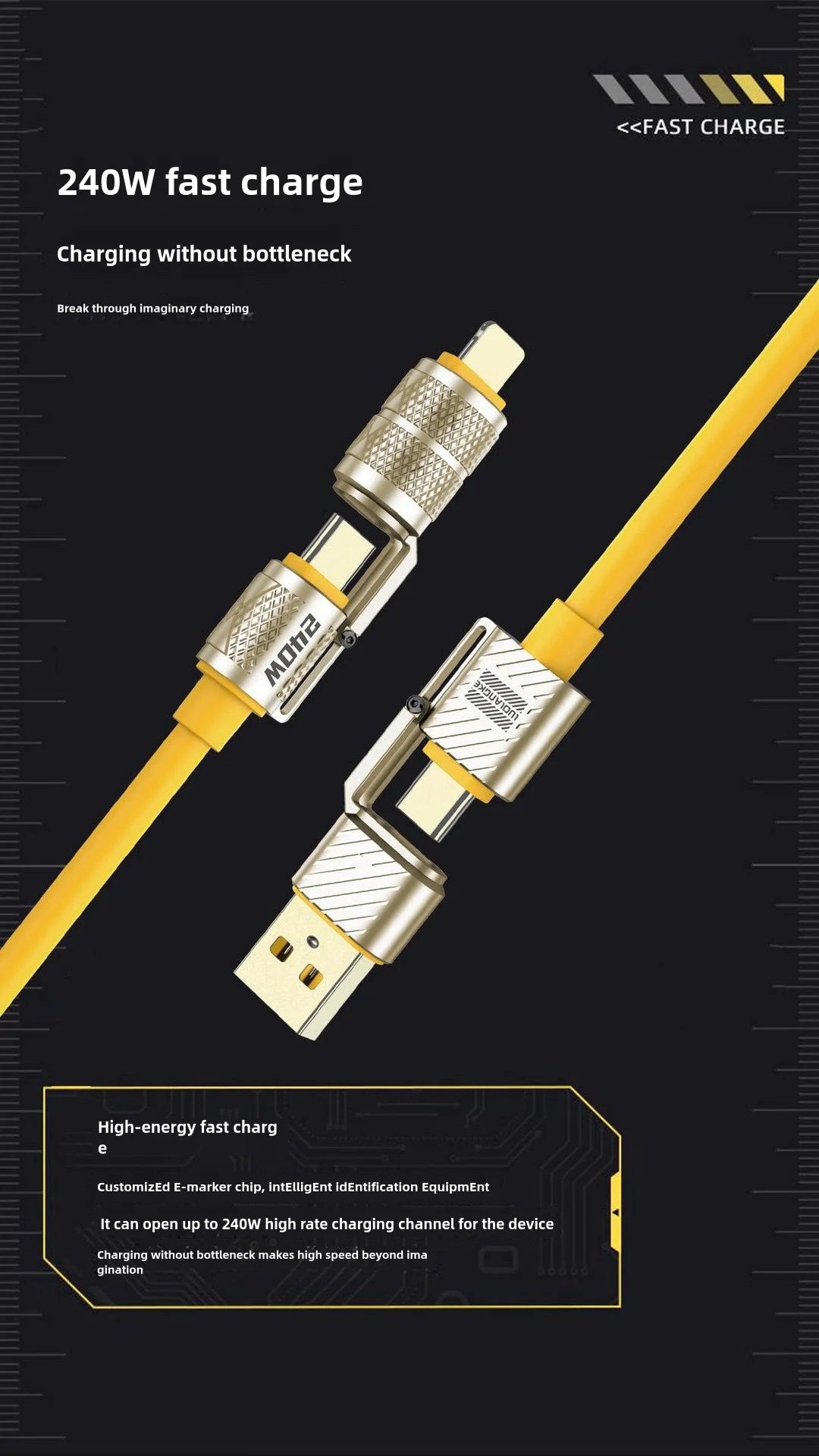 240W 4-in-1 Super Fast Charging Data Cable Type-C To Type-C Zinc Alloy Cable For iPhone15 Samsung Huawei Xiaomi