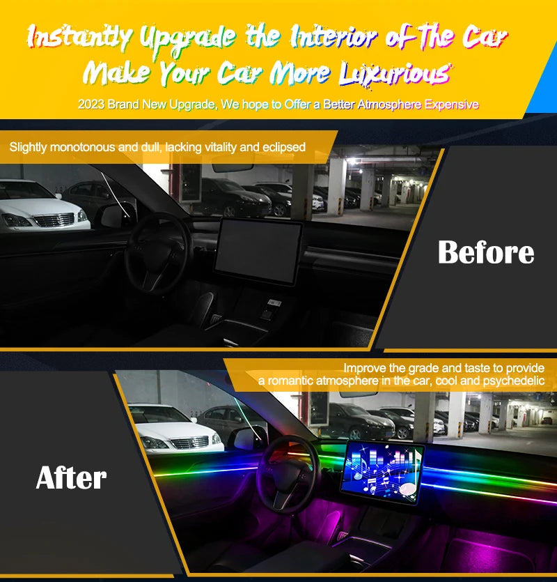 18 In 1 Full Color Streamer Car Ambient Lights RGB 64 Color Universal LED Interior Hidden Acrylic Strip Symphony Atmosphere Lamp