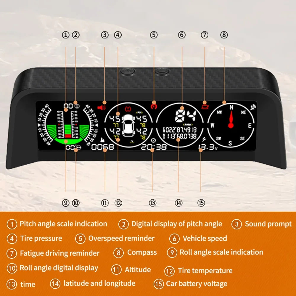 2023 New X91 TPMS Smart Slope Meter 4 in 1 GPS TPMS Tire Monitor Inclinometer Gague Tire temperature Overspeed reminder