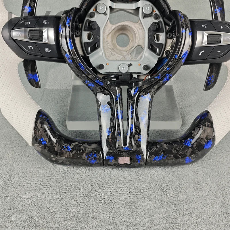 For BMW F10 F30 F20 F21 F16 F18 M5 M8 M1 M3 Blue Fragment Forged Carbon Fiber White Perforated Leather Steering Wheel