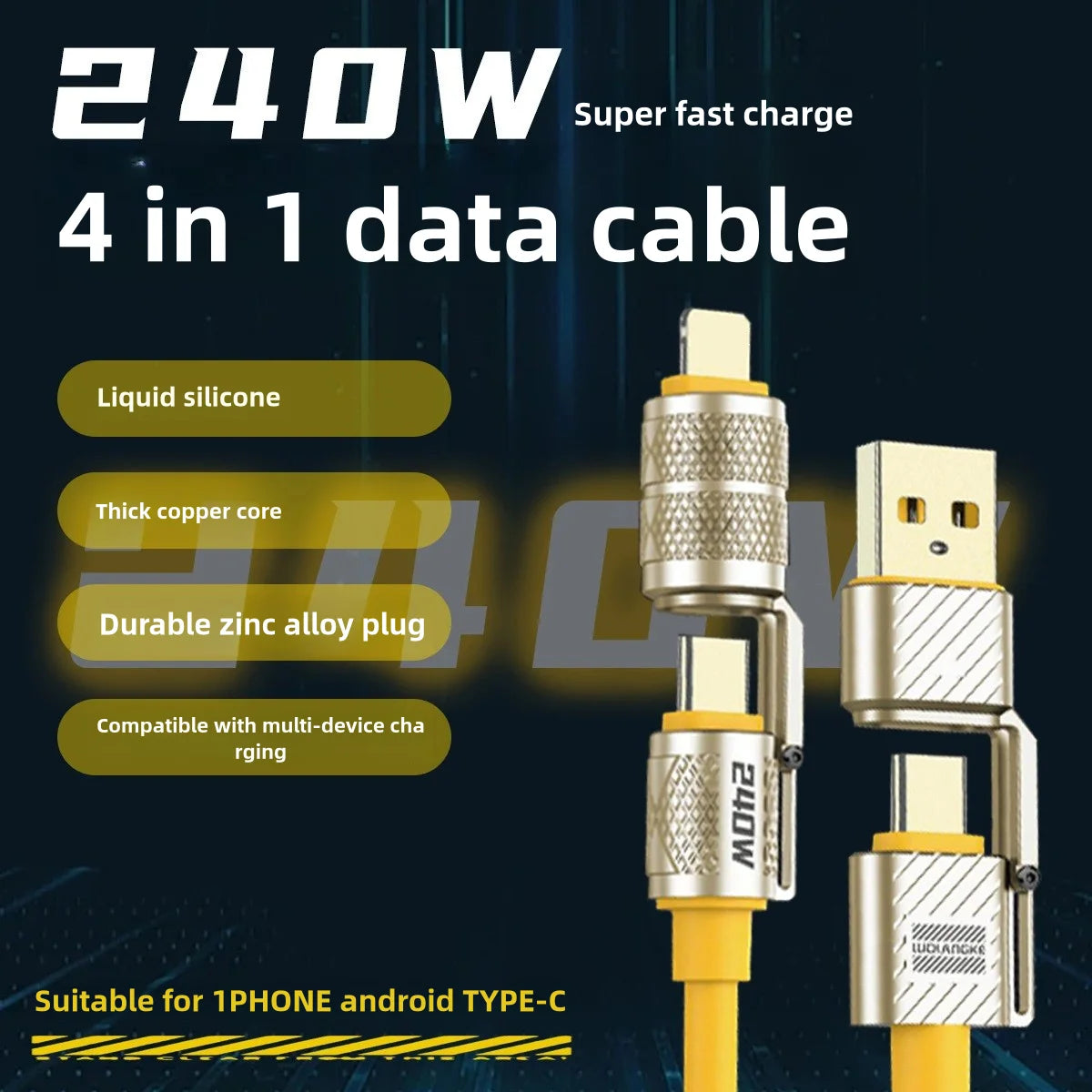 240W 4-in-1 Super Fast Charging Data Cable Type-C To Type-C Zinc Alloy Cable For iPhone15 Samsung Huawei Xiaomi