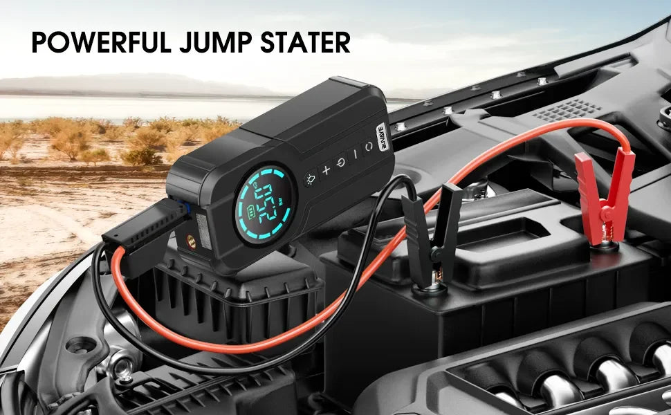 BUVAYE Car Multi-function Air Compressor Jump Starter Air Pump Convenient Tire Inflator Portable Battery Starter With EVA Bag