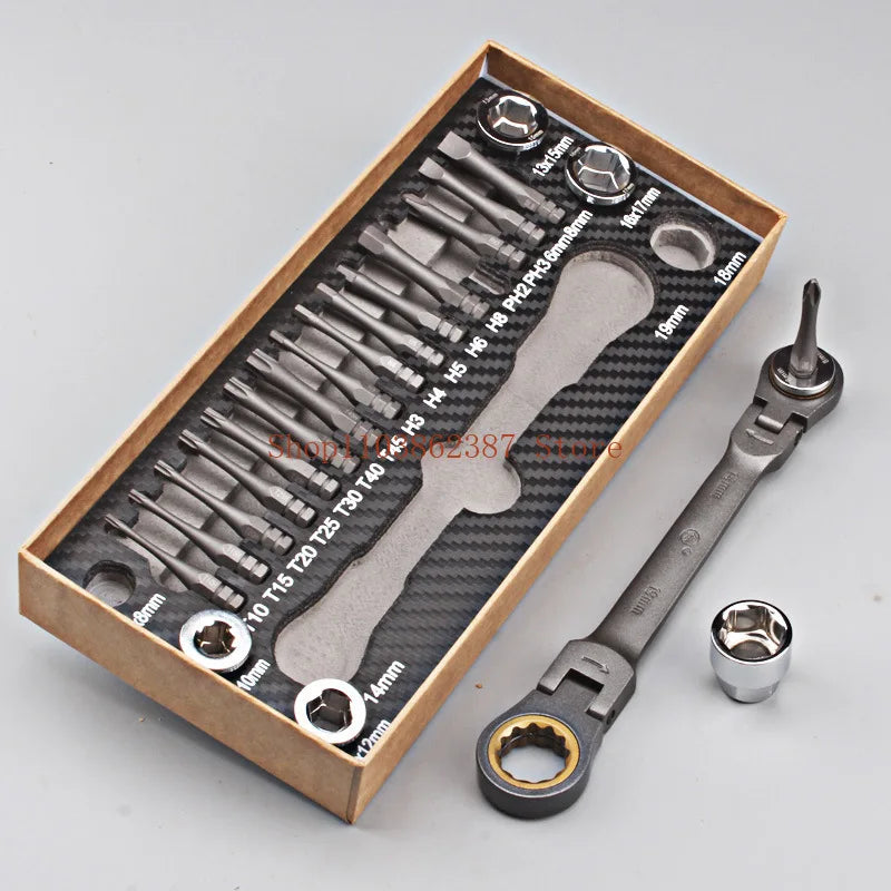 23pcs Multifunctional Ratchet Spanner Set Flexible Head  Double Box Wrench Socket Screwdriver Bits Auto Repairing Tool