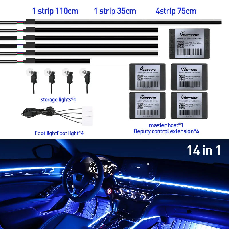 18 In 1 Full Color Streamer Car Ambient Lights RGB 64 Color Universal LED Interior Hidden Acrylic Strip Symphony Atmosphere Lamp