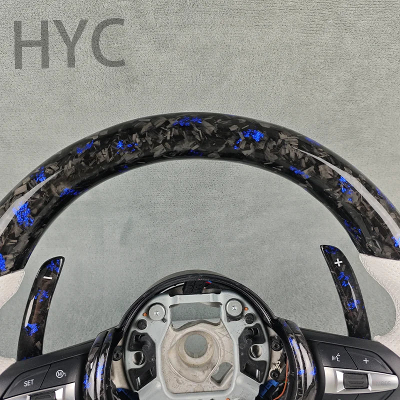 For BMW F10 F30 F20 F21 F16 F18 M5 M8 M1 M3 Blue Fragment Forged Carbon Fiber White Perforated Leather Steering Wheel