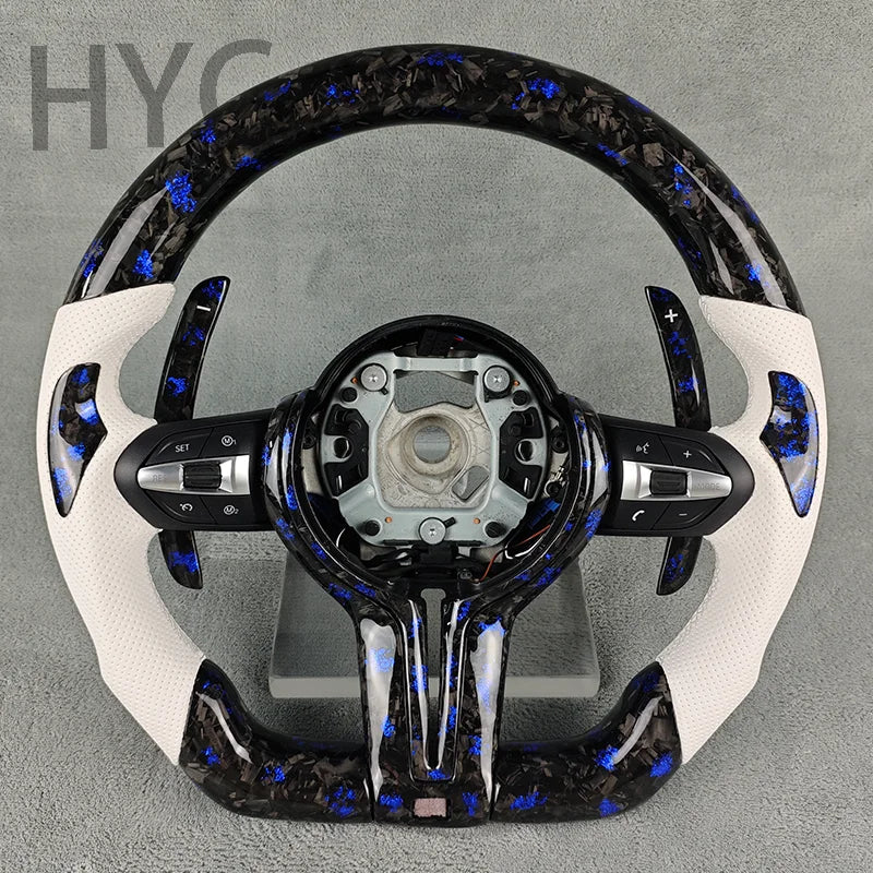 For BMW F10 F30 F20 F21 F16 F18 M5 M8 M1 M3 Blue Fragment Forged Carbon Fiber White Perforated Leather Steering Wheel