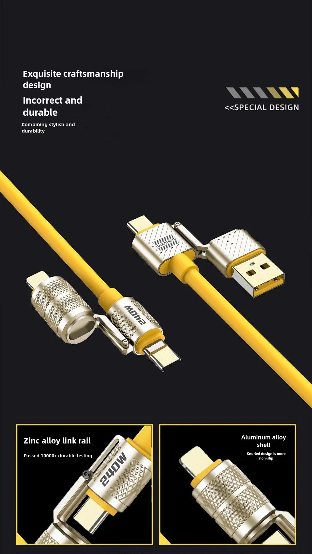 240W 4-in-1 Super Fast Charging Data Cable Type-C To Type-C Zinc Alloy Cable For iPhone15 Samsung Huawei Xiaomi