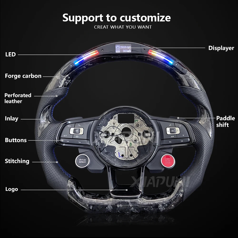 Steering Wheel Golf 7 MK7 Mk7.5 GTI Scirocco Polo GTS R Line 2014-2017 Forge Carbon Fiber Customized LED RPM Racing Wheel