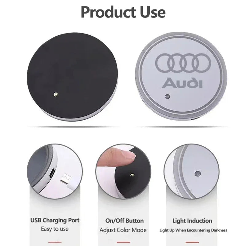 2Pcs Audi 7-Colorful USB Led Atmosphere Light Cup Luminous Coaster Holder For A1 A3 A4 A5 A7 Q2 Q3 Q5 Q7 Q8 Auto Accessories