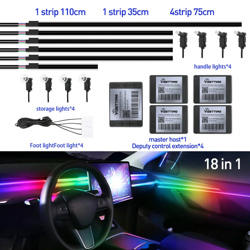 18 In 1 Full Color Streamer Car Ambient Lights RGB 64 Color Universal LED Interior Hidden Acrylic Strip Symphony Atmosphere Lamp