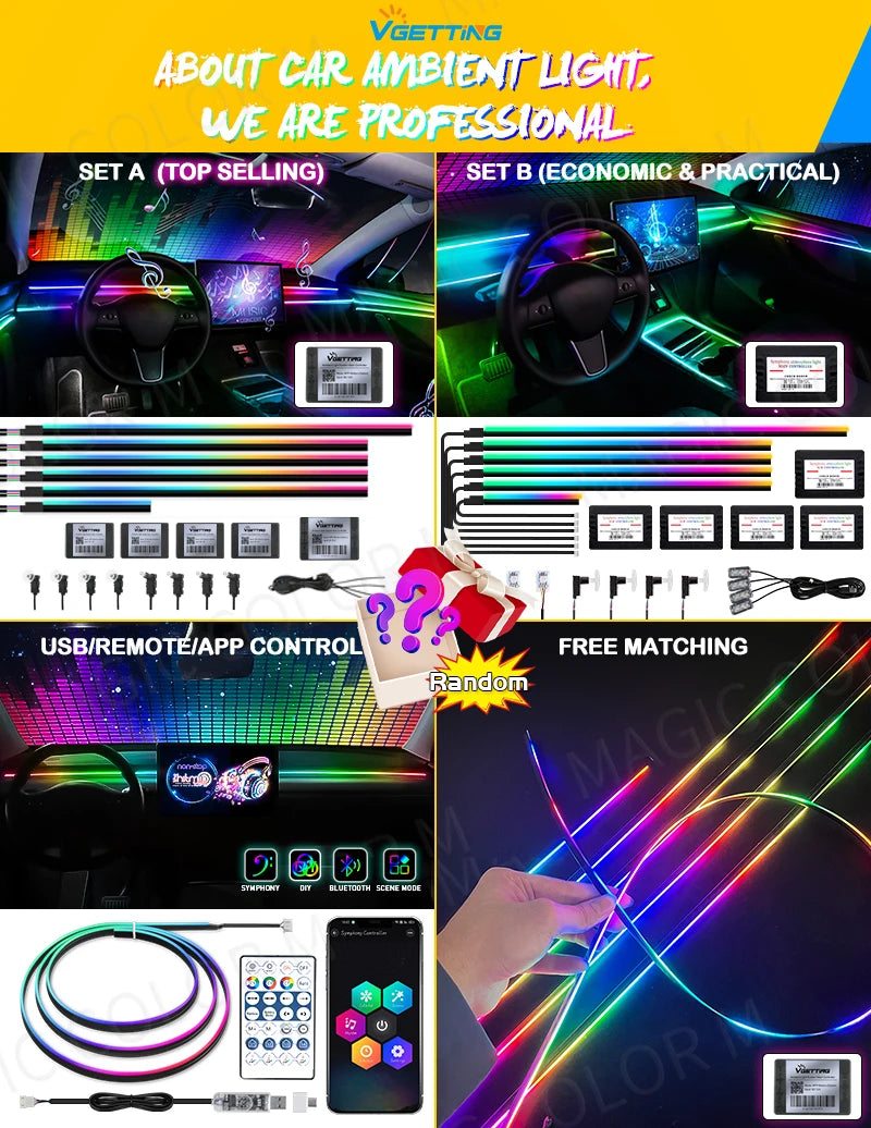 18 In 1 Full Color Streamer Car Ambient Lights RGB 64 Color Universal LED Interior Hidden Acrylic Strip Symphony Atmosphere Lamp