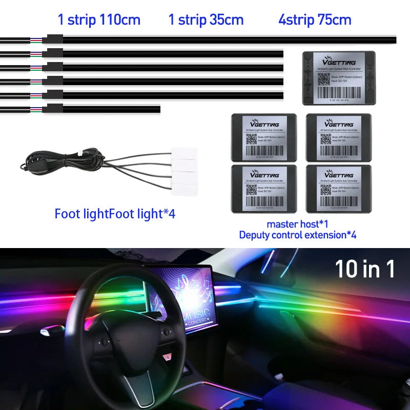 18 In 1 Full Color Streamer Car Ambient Lights RGB 64 Color Universal LED Interior Hidden Acrylic Strip Symphony Atmosphere Lamp