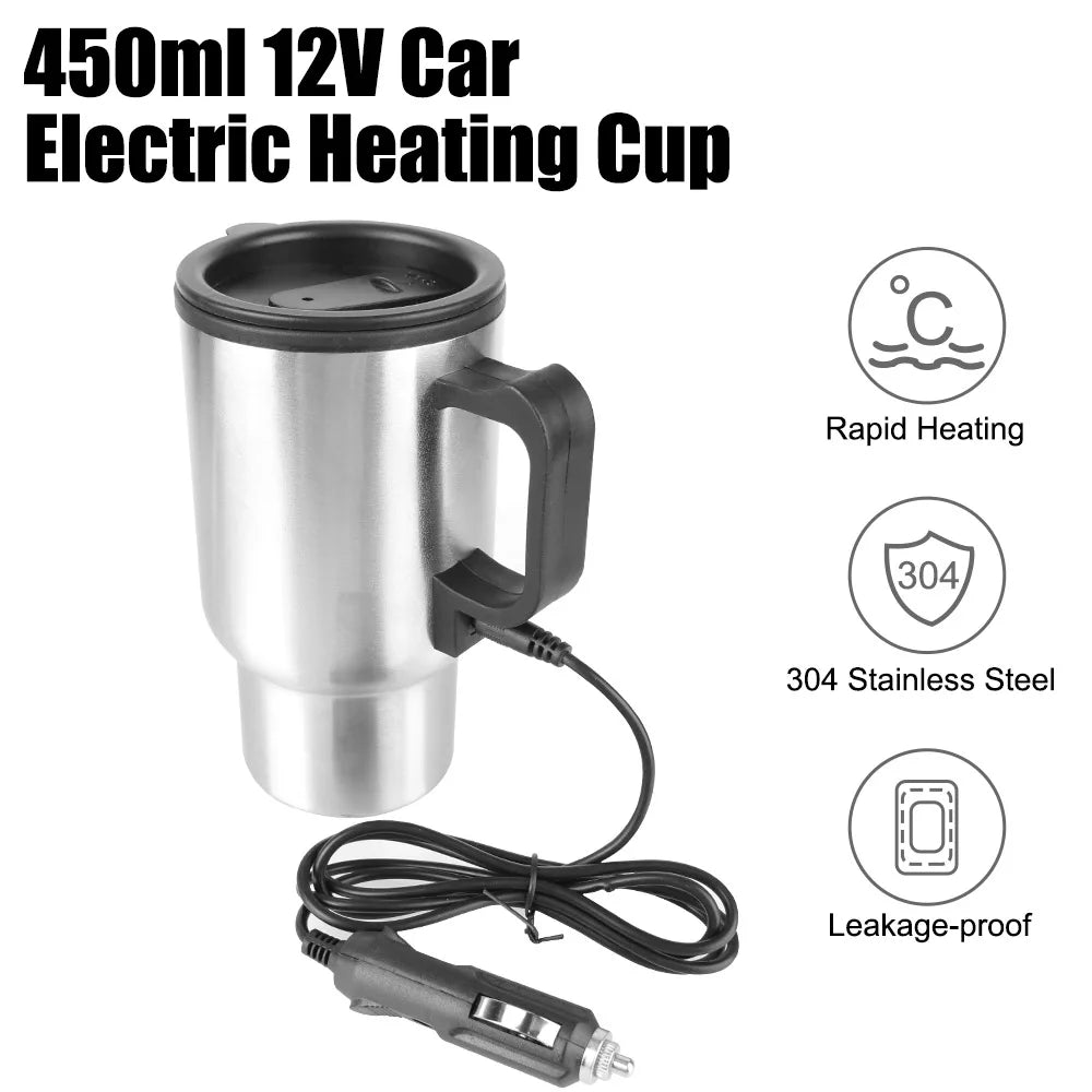 Electric Heating Car Kettle Vehicle Heating Cup 12V 450ml Stainless Steel Camping Travel Kettle Water Coffee Milk Thermal Mug