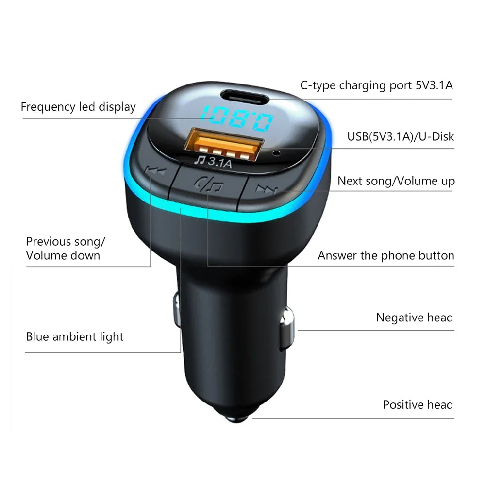 Bluetooth 5.0 Car Charger Fast Charging USB Type C Car Phone Charger FM Transmitter Handsfree Cigarette Lighter MP3 Music Player