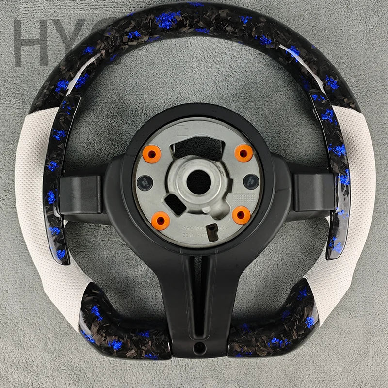 For BMW F10 F30 F20 F21 F16 F18 M5 M8 M1 M3 Blue Fragment Forged Carbon Fiber White Perforated Leather Steering Wheel