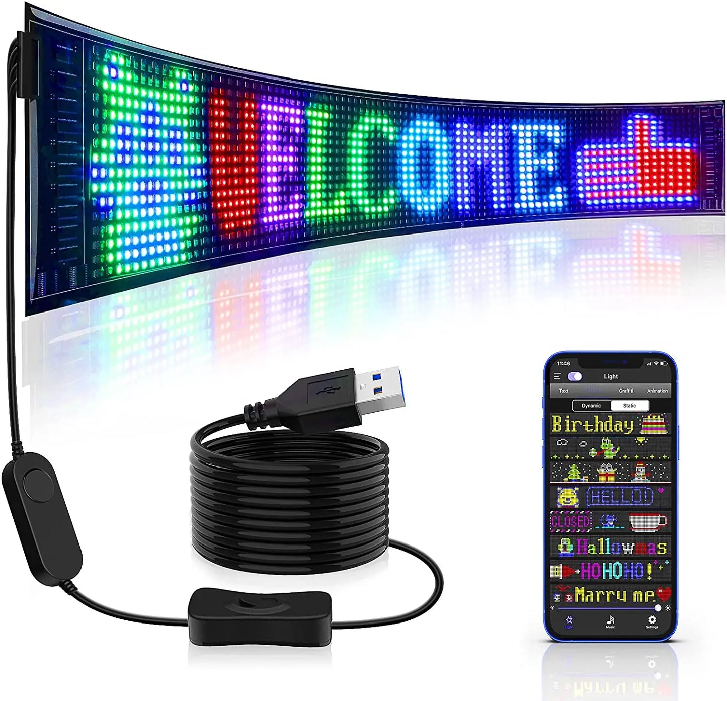 LED Matrix Pixel Panel ,USB 5V Flexible Addressable RGB Pattern Graffiti Scrolling Text Animation Display Car Shop,Bluetooth APP