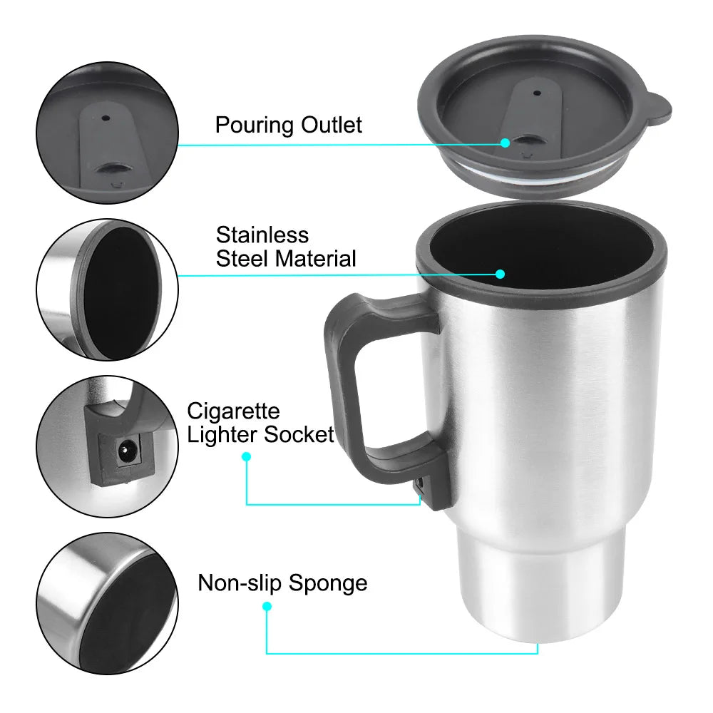 Electric Heating Car Kettle Vehicle Heating Cup 12V 450ml Stainless Steel Camping Travel Kettle Water Coffee Milk Thermal Mug