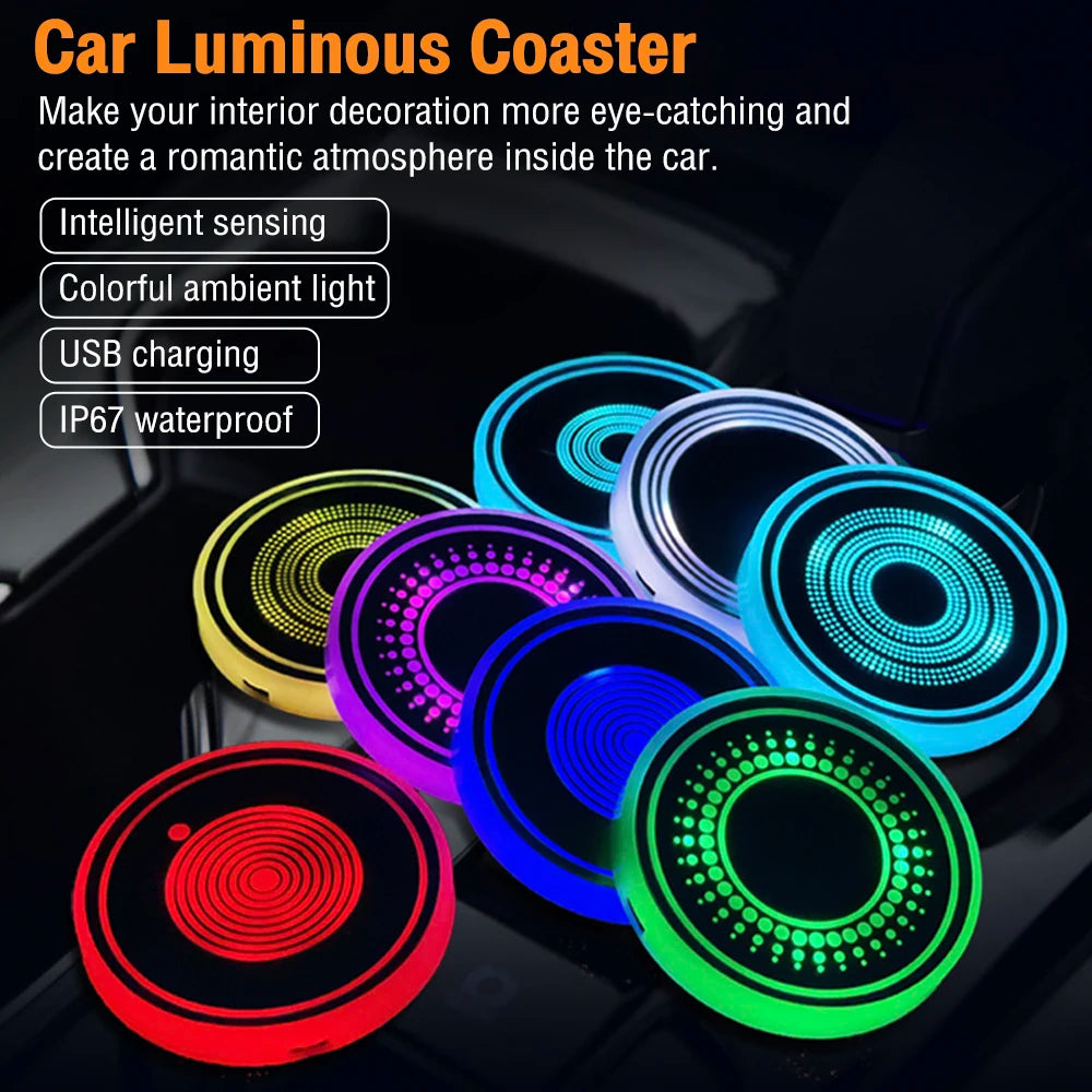 NEW Car Cup pad with LED Lights Rechargeable 7 Color-Changing Light Up Cup Holder Insert Coasters, Car Accessories for Teens