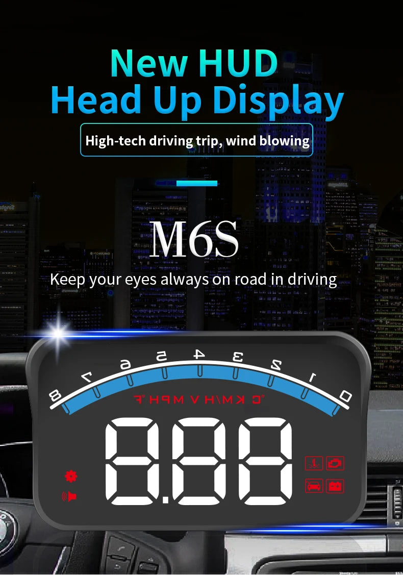 New M6S HUD Car Head Up Display OBD2 Speedometer Clock Water Temperature Volt KM/h MPH  Auto Electronics Windshield Projector