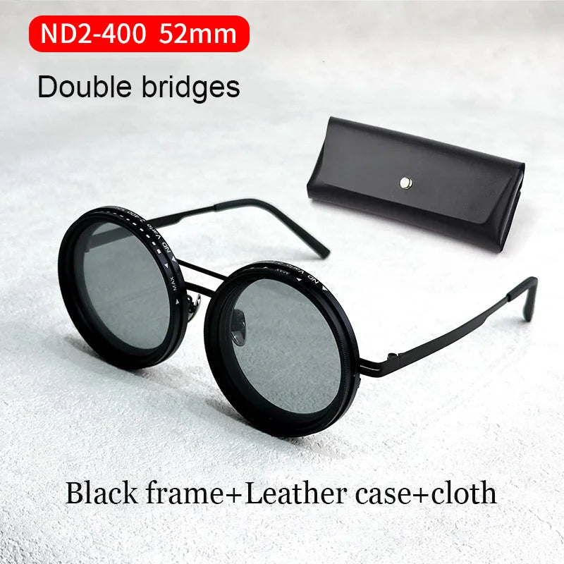 Pure Handmade ND9 Adjustable Dimming Sunglasses Retro Punk Round Men Outdoor Filter UV400 Polarized Driving Sun Glasses